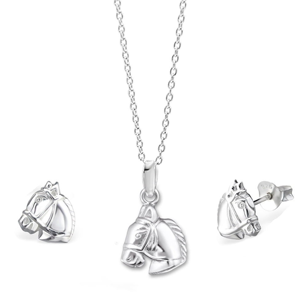 Girls Horse Head Pendant & Earrings Sterling Silver Set